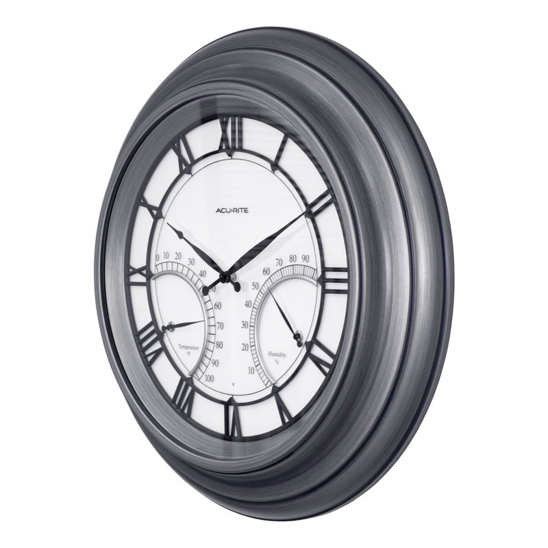 Horloge murale d'extérieur lumineuse 24 pouces avec thermomètre / capteur d'humidité AcuRite, chiffres romains, cadre en métal et lentille en verre (75026M)