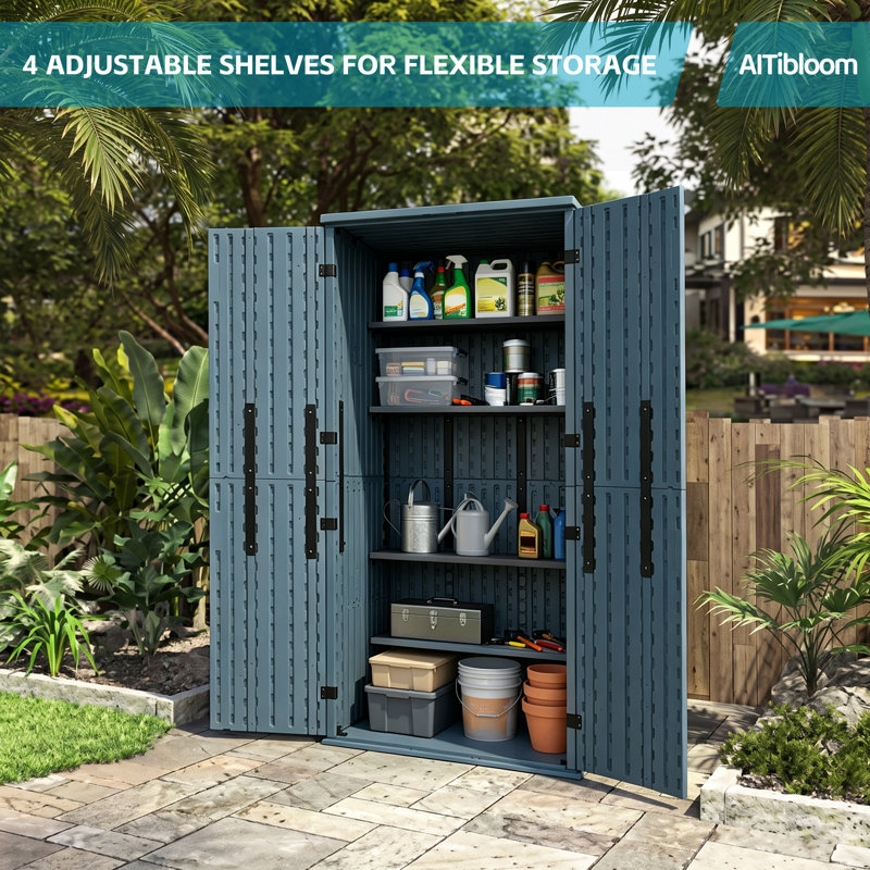 Altibloom 66.14 in Tall Resin Outdoor Storage Shed, 30.43 in W x 22.95 in D, 28 cu.ft, 4 Shelves, Lockable Handles, for Patio and Garage