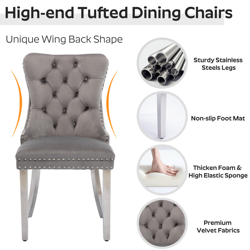 Rectangle Double Pedestal Dining Set with Tufted Dining Chair, 7, Silver, Gray