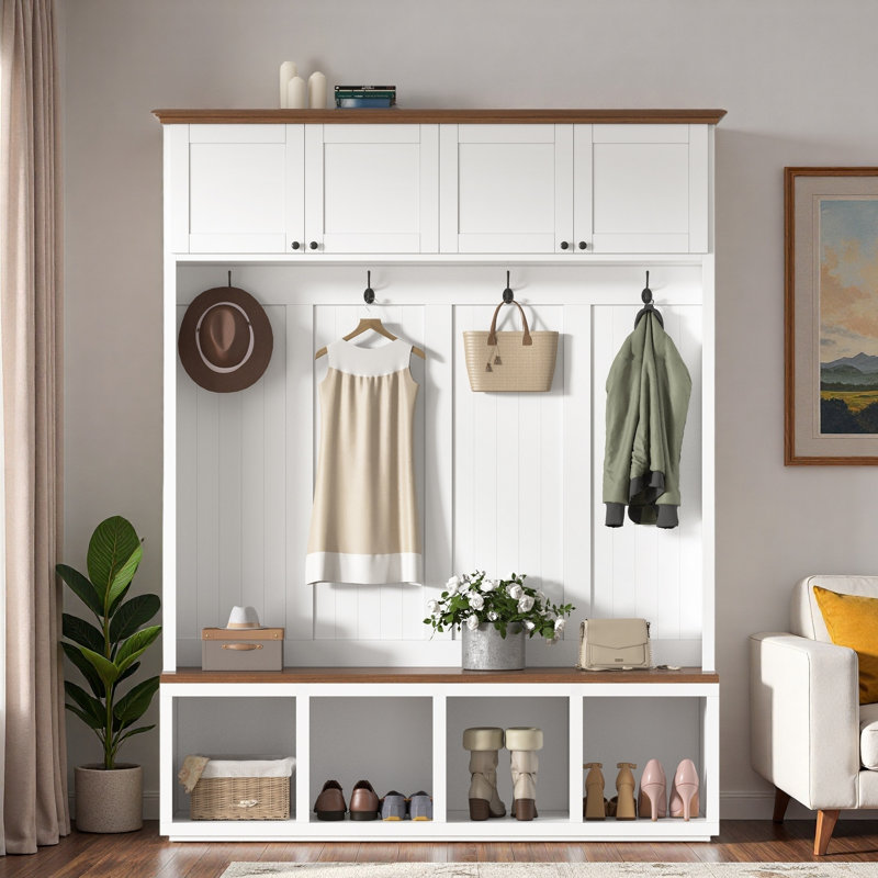 Farmhouse Hall Tree With Bench, 4 Cabinets, 4 Open Compartments And Coat Racks, White