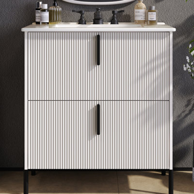 Meuble-lavabo de 30 po avec lavabo en céramique Wortman, esthétique cannelée faite à la main, système de tiroir à fermeture en douceur, tiroirs à extension, poignée de doigt de 5,8 po, pied de 8,27 po, petite option de rangement et glissières sous le comptoir,