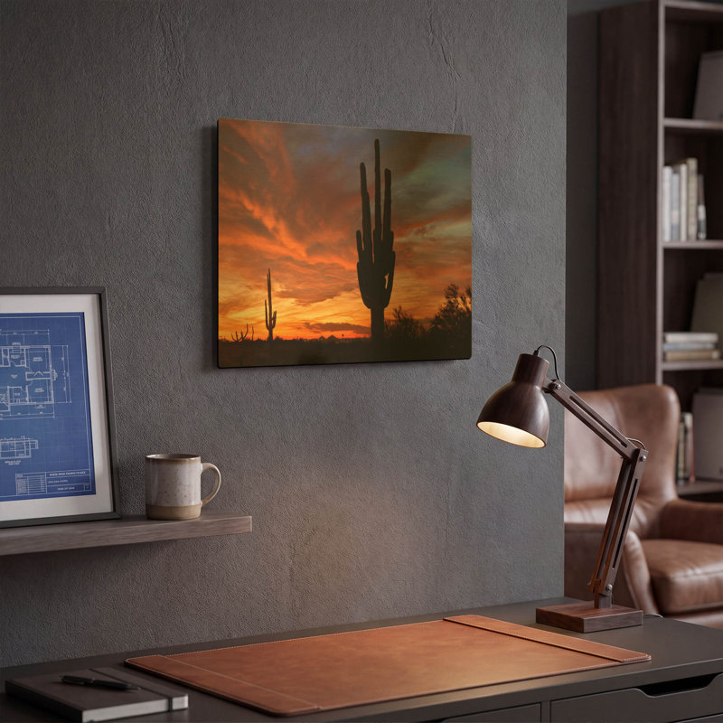 «Mesa Saguaro Sunset 5078» par Mike Jones, art mural en métal doré, 16 po x 12 po, 16 po x 12 po