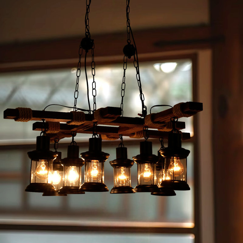 39 Inch 8-head Retro Wood Adjustable Pendant Light