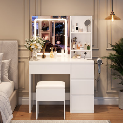 Makeup Vanity Desk, Lighted Mirror, 4 Drawers, Power Outlet, Stool, Shelves, Bedroom, White