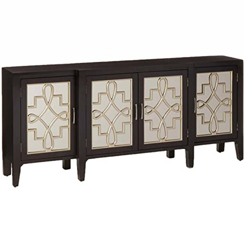 Antique Black Wood Console Table with Mirrored Doors