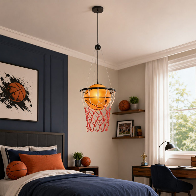 Suspension de basketball de 32 cm (12,6 pouces), plafonnier suspendu en verre sur le thème du sport pour chambre d'enfant, salle de jeux et salle de loisirs