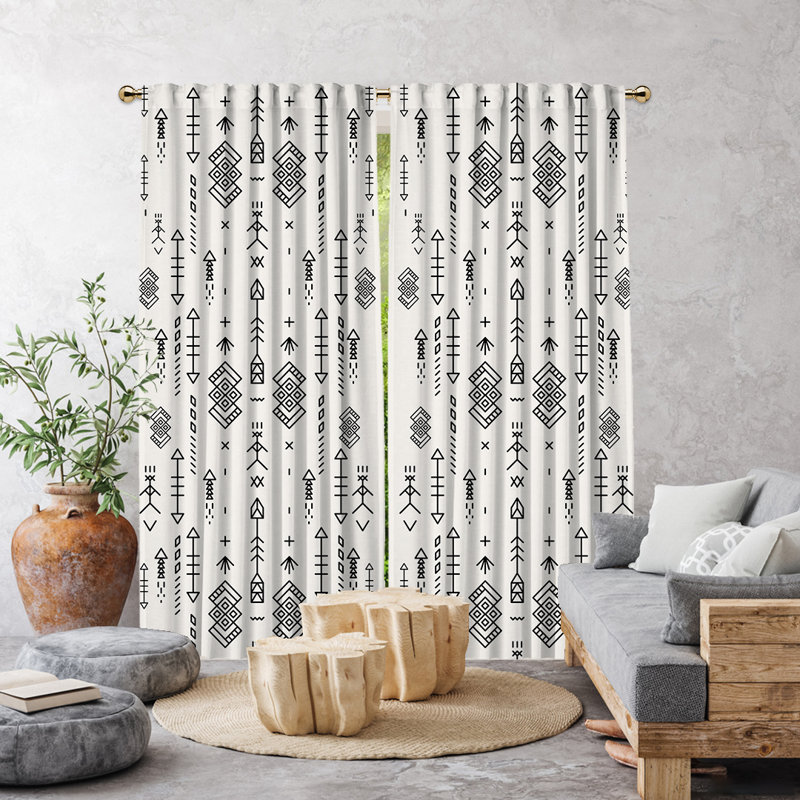 Ethnic Boho Decor Pattern Lined Blackout Single Panel Curtain, White, 52" W x 84" L