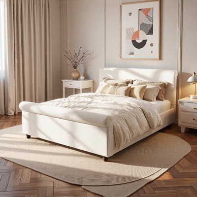 Upholstered Bed With Thick Rolled Edges, Vintage Double-Layer Oval Legs And Robust Headboard