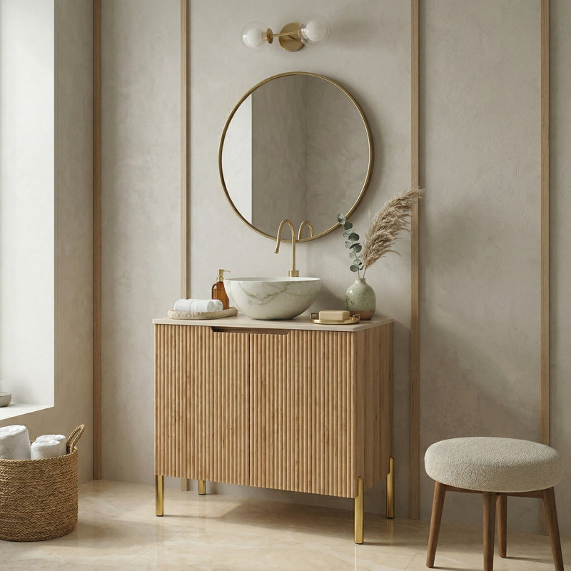30" Freestanding Bathroom Vanity With Ceramic Sink, Sintered Stone Countertop & Soft-Close Doors, Bowl Ceramic Sink