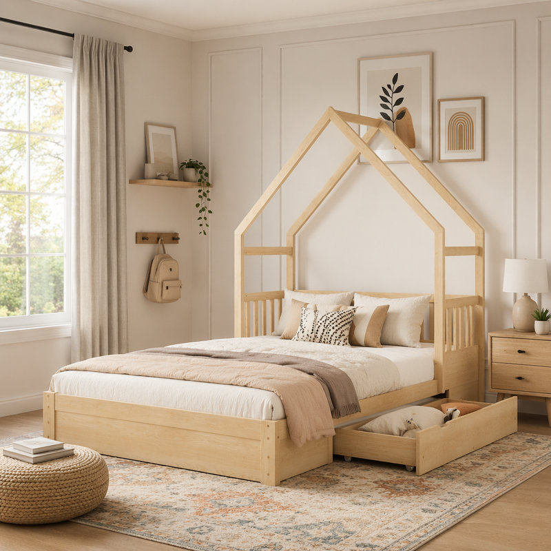 Grand lit plateforme en bois avec garde-corps et 2 tiroirs, Natural