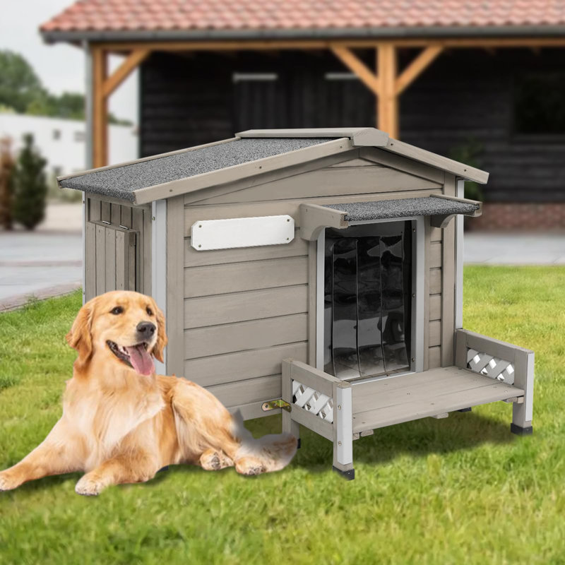 Niche pour chien en bois avec porche Haiya, H 27,8 po x l 34 po x P 27,6 po, Gris foncé