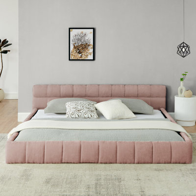 Thick Chenille Upholstered King Size Bed - Modern Bedroom Style Headboard Pink No Box Spring  88.5'*85.5'*24' Frame With Fabric Upholstery