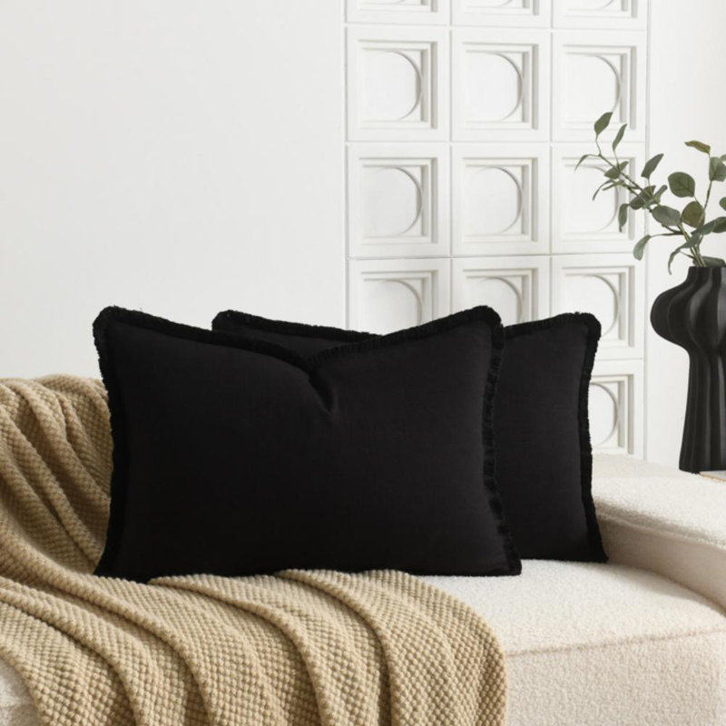 Housse de coussin en lin délavé texturé Boho Farmhouse, Noir, Rectangle H 12 po x l 20 po