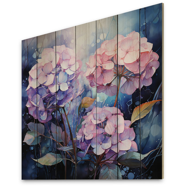 Hydrangées bleues et mauves, hortensias, impression florale sur bois de pin naturel, H 15 po x l 15 po x P 0,78 po
