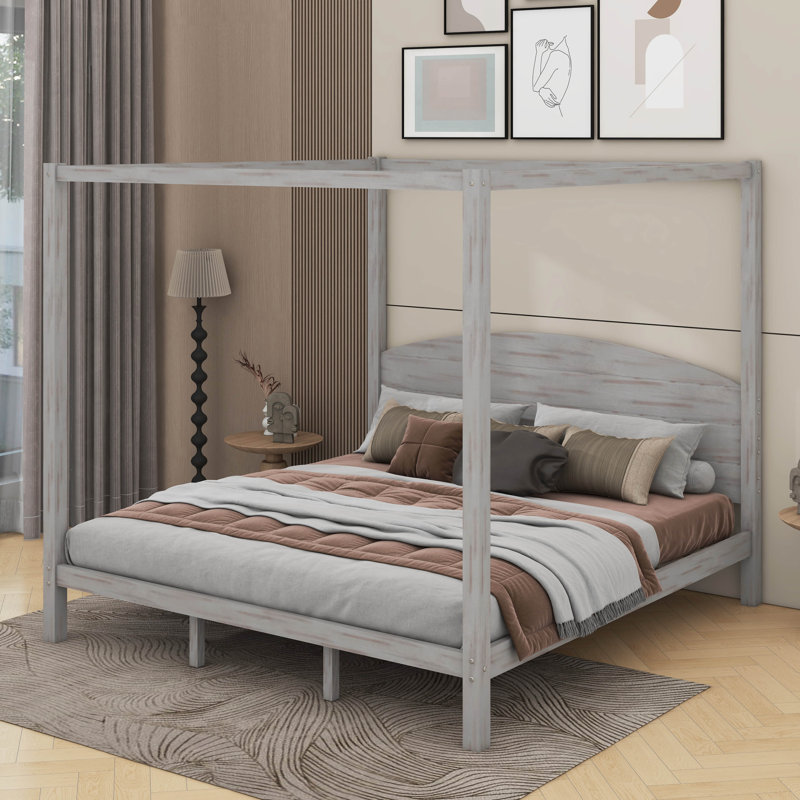 Très grand lit plateforme à baldaquin avec pieds de soutien et tête de lit, Gris délavé