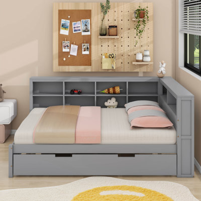 Wooden Full Size Daybed With Trundle, Shelf And USB