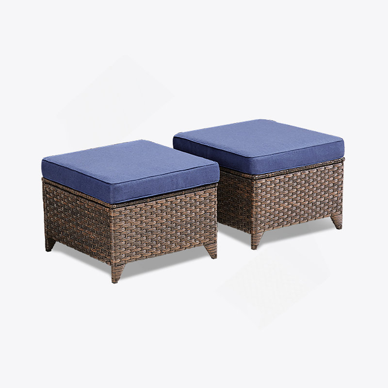 Ensemble de 2 repose-pieds d'extérieur en osier PE avec coussins bleus pour la cour ou la terrasse