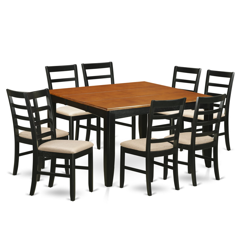 9 Piece Dining Set Includes a Square Dining Room Table with Butterfly Leaf and 8 Linen Fabric Kitchen Chairs, Black & Cherry