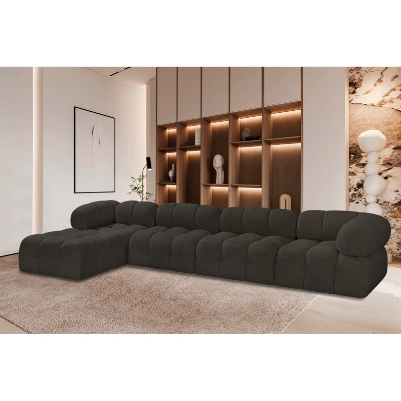 Canapé Ames, Tissu brun bouclé, 2 repose-pieds, 2 sans accoudoirs, 1 repose-pieds