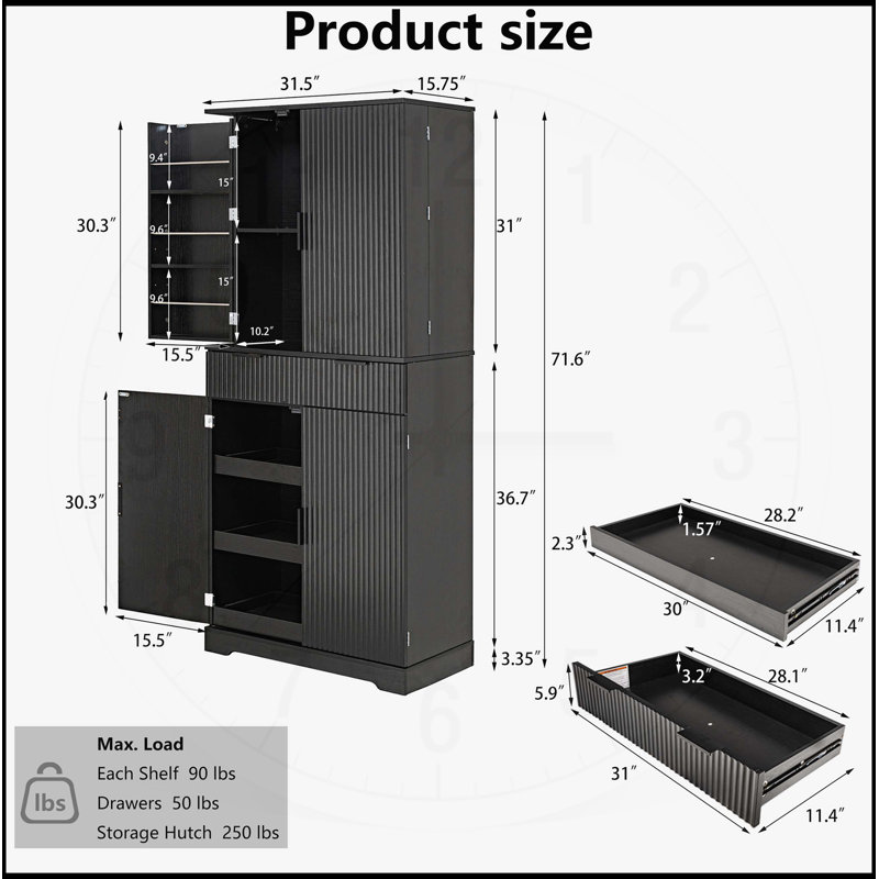 Garde-manger cannelé de 72 pouces avec tablettes réglables, 3 tiroirs à clavier et 6 tablettes de porte pour un rangement et une organisation polyvalents