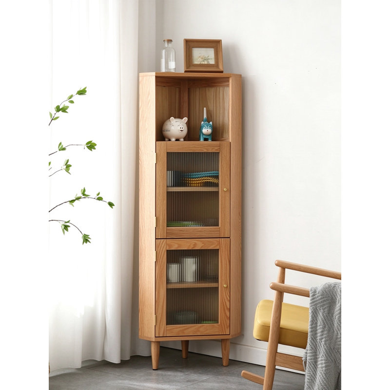 Solid Oak Frame Corner Curio Cabinet with Fluted Glass Panel