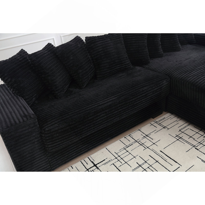 Canapé confortable surdimensionné en velours côtelé avec plusieurs coussins pour une détente ultime et un style moderne, Noir