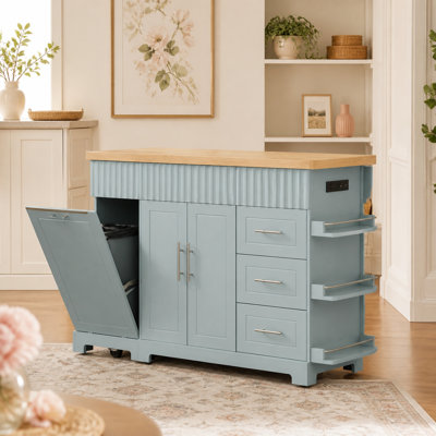 48.5" Wide Fluted Kitchen Cart with Trash Can Cabinet and Power Outlet, Grey+Blue