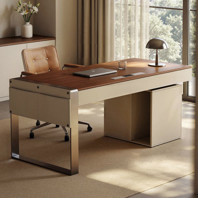 Nut-brown+Rectangular +Steel+with 6 drawers desk