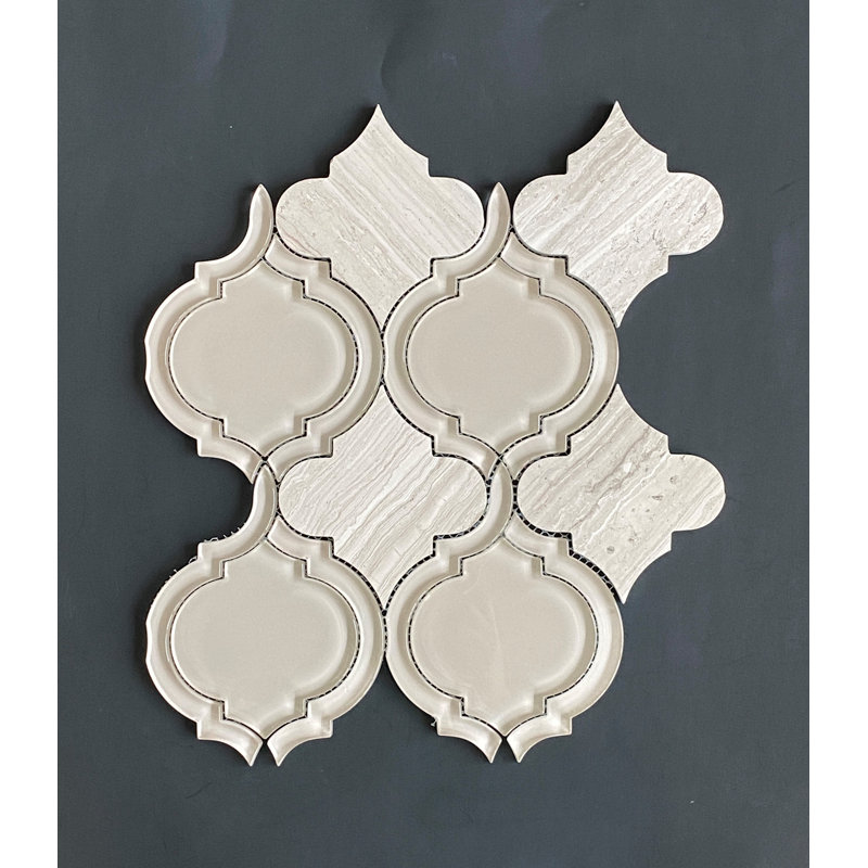 Glass and Marble Large Arabesque Mosaic Wall Tile, Taupe