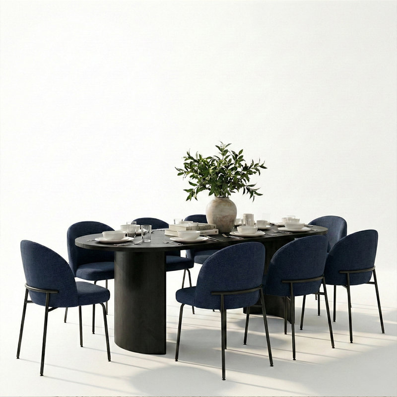 Ensemble de salle à manger 9 pièces moderne avec guéridon ovale 79 po et 8 chaises rembourrées à dossier incurvé, Bleu