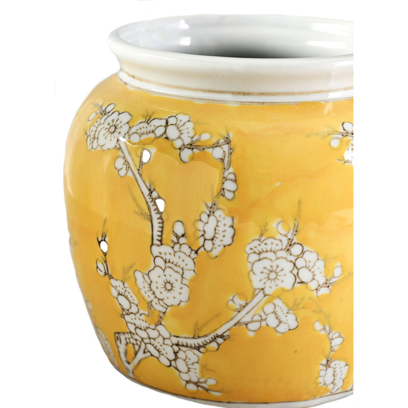  Oriental Blossom Ceramic Vase, Yellow Plum Floral Design With White Branch Motif, Chinese-Inspired Vase For Table, Mantel, Or Entryway Décor, 6" Diameter & 6" Tall, Pack Of 4