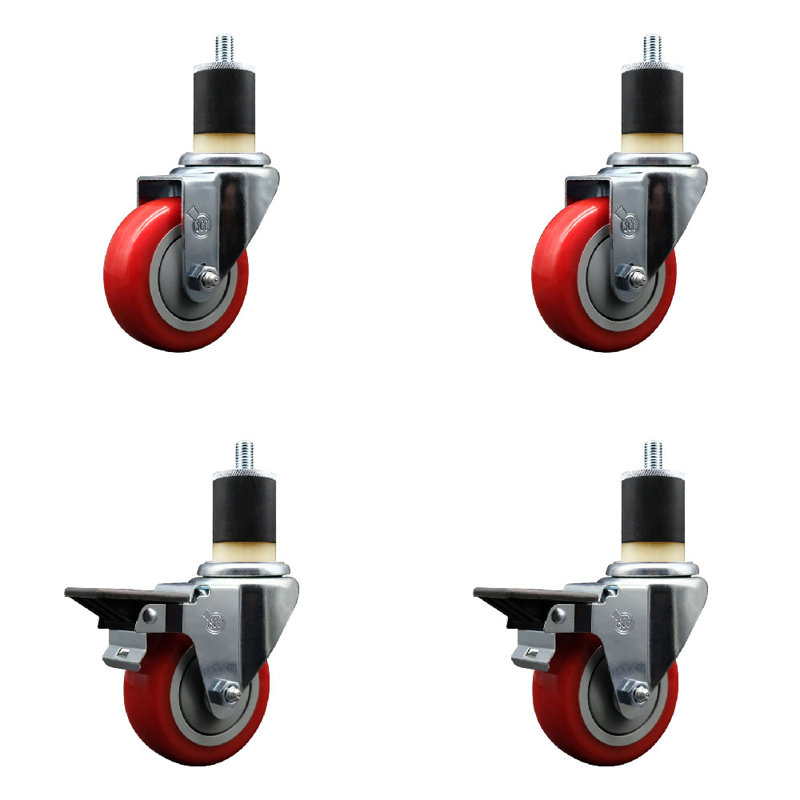 Ensemble de roulettes extensibles pivotantes en poly sur roulettes 2 freins SCC PLB 3,5 po x 1-7 / 8 po, Rouge