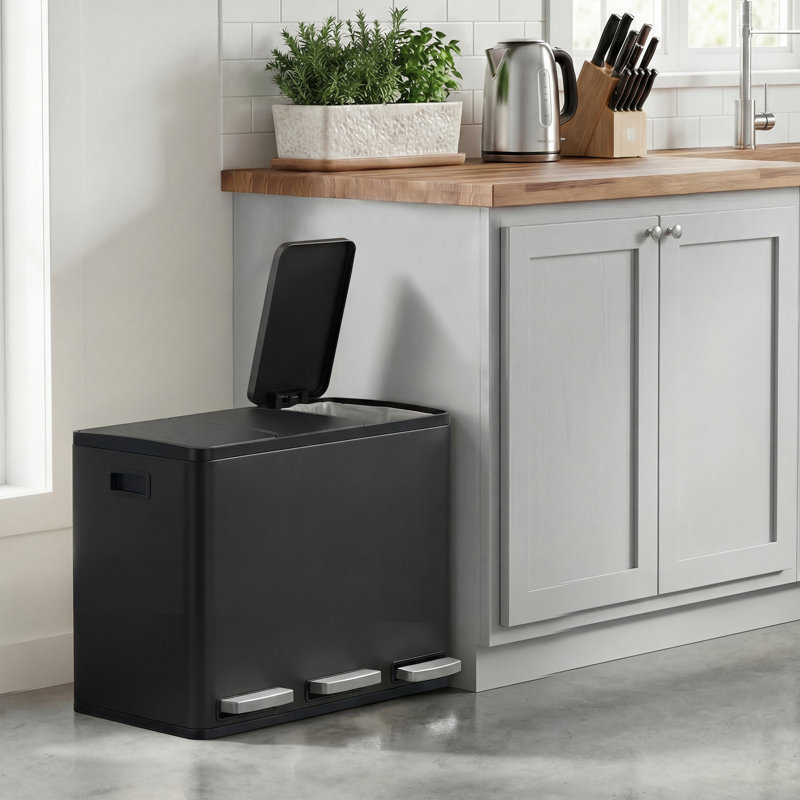 62×35.3×45.5cm Stainless Steel Step On Multi-Compartment Rubbish & Recycling Bin - 45L, Black