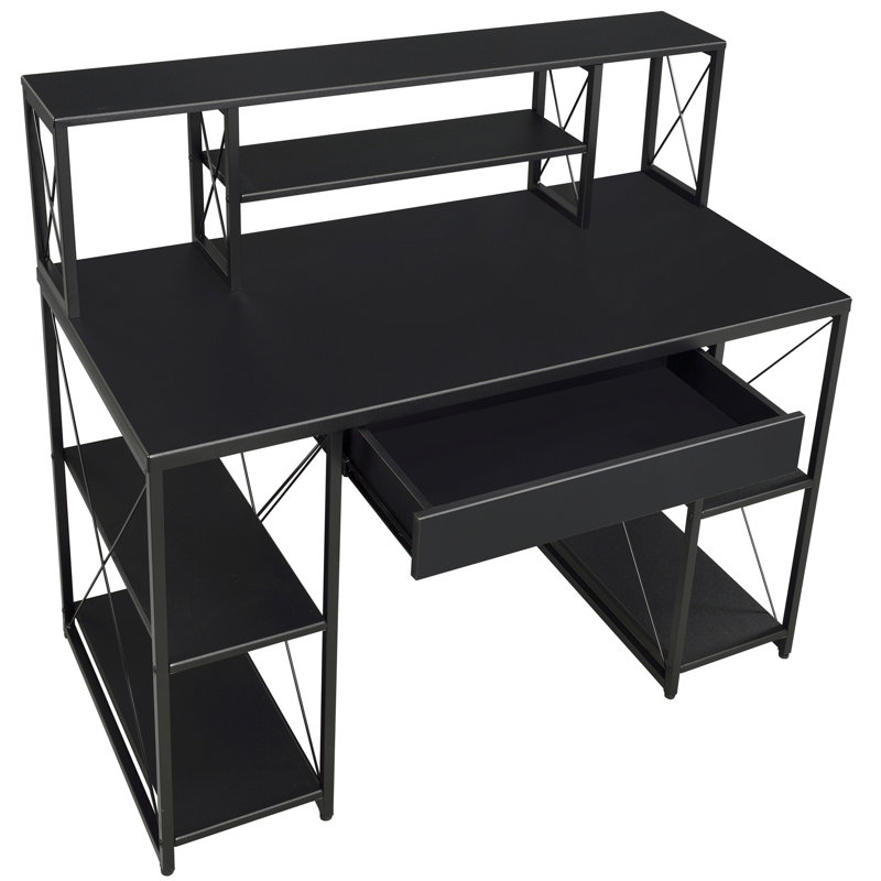 Bureau noir avec tablettes ouvertes et huche, Noir