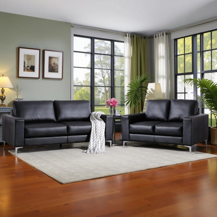Ivy Bronx 2-Piece Modern Black Premium Faux Leather Living Room Set ...