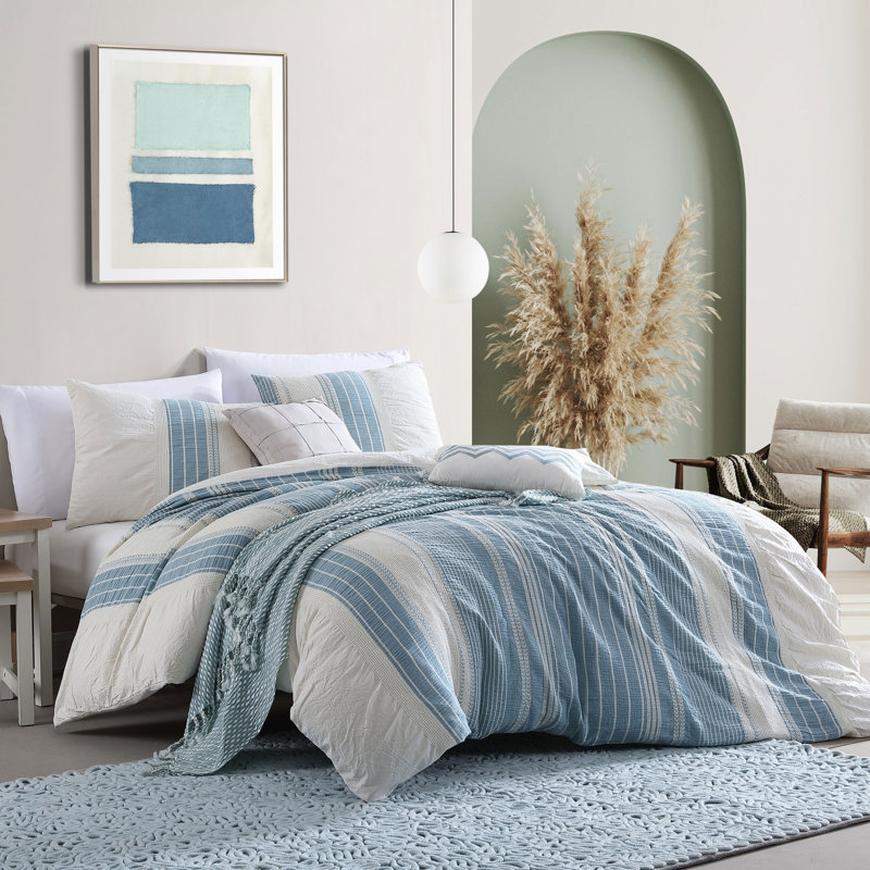 Ensemble d'édredon 100% coton jacquard à rayures 3 pièces, Édredon très grand californien et 2 taies décor, Bleu