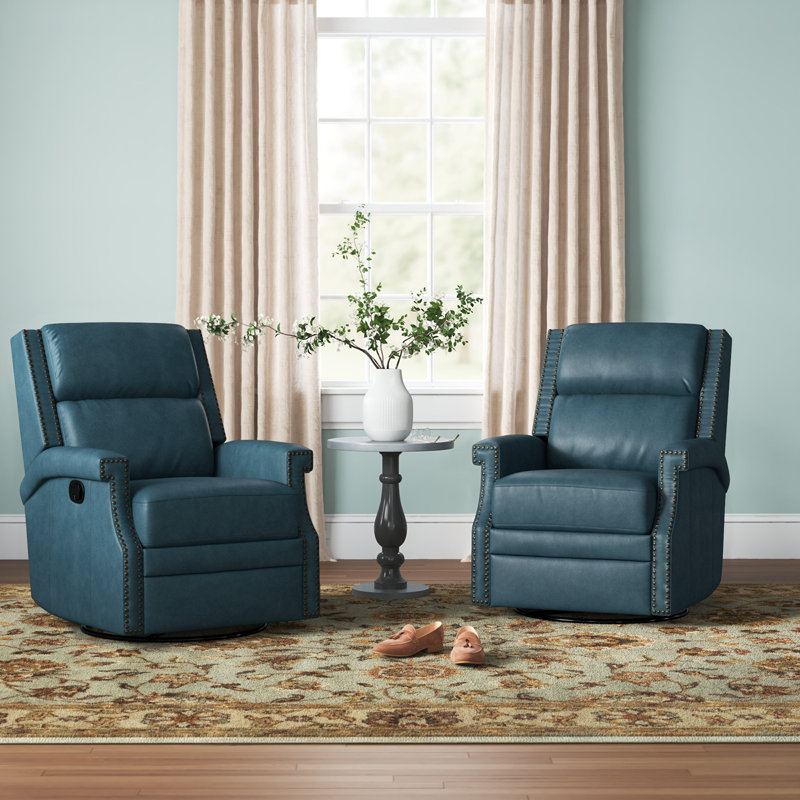 Fauteuil inclinable berçant manuel pivotant de 29,6 po Manning, Cuir véritable turquoise