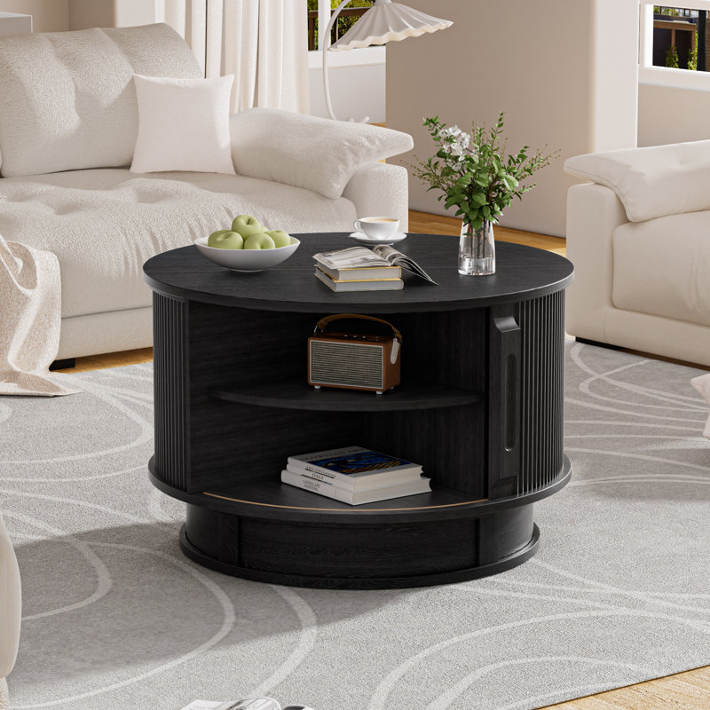 31.5" Round Fluted Coffee Table with Hidden Storage, Flip-Up Top & Rotating Base, Black
