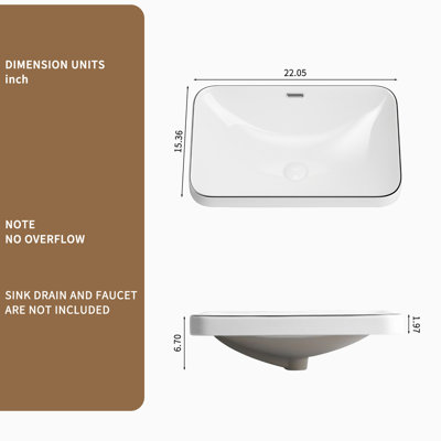 Lavabo de salle de bain encastré en céramique 22,05 po x 15,36 po x 6,7 po - vasque en porcelaine blanche, conception sans couture pour comptoir de meuble-lavabo