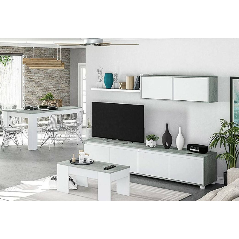 Fitted Wall Savannah, Tv Stand For Living Room Set Composition With Wall Unit, 200X41H43 Cm, White/Grey