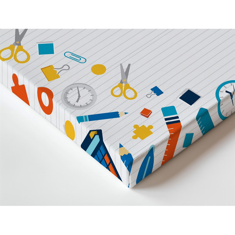 Toile, un design plat à plat vibrant et ludique mettant en vedette un art mural de fournitures scolaires colorées et d'outils éducatifs sur toile éparpillée