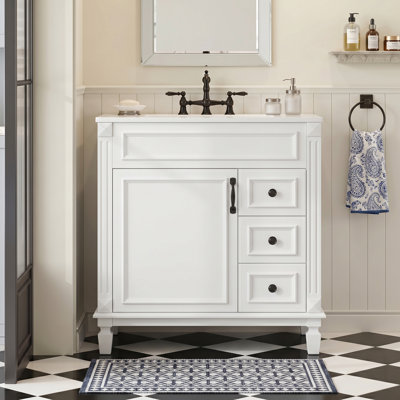 30" Bathroom Vanity with Ceramic Sink｜White｜Small Bathroom Sink Cabinet｜2 Drawers and Adjustable Shelf｜Quiet and Smooth Operation
