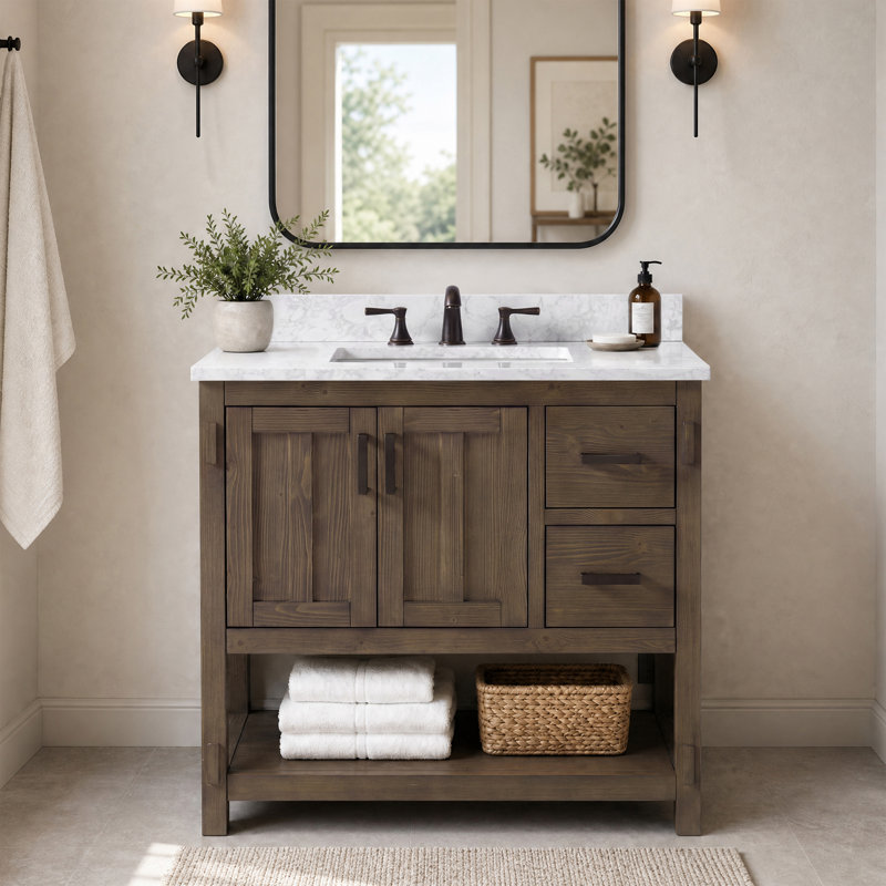 Meuble-lavabo simple autoportant de 36 po avec plateau en pierre d'ingénierie Floyd, Brun cacao