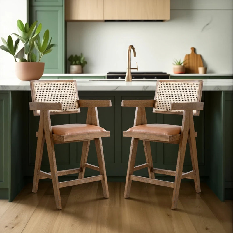 Tabouret de bar en bois massif et rotin Damyria, 2, Tabouret de comptoir (siège d'une hauteur de 26,2