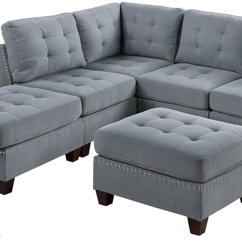 Ensemble de salon modulaire contemporain modulaire 7 pièces Mobilier de salon en L gris capitonné en tissu d'ameublement avec têtes de clous capitonnés 2X coin 3X fauteuil sans accoudoirs et 2X repose-pieds