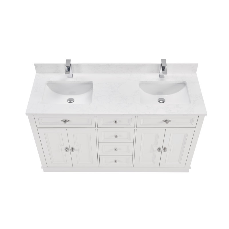60" Solid Wood Sink Vanity With 1" Artificial Stone Top, White, Polished Chrome