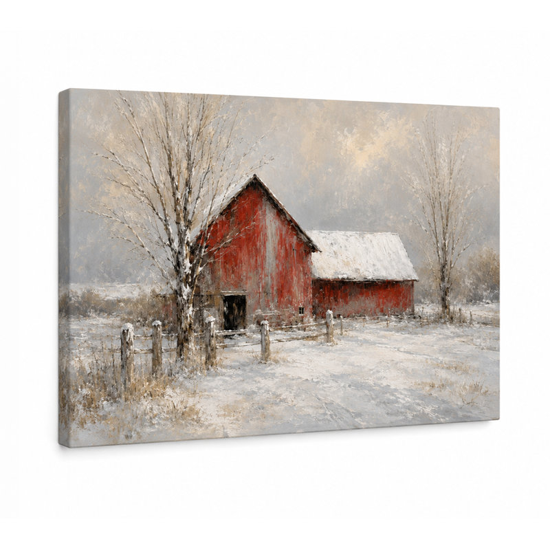 Winter Barn Stillness - Paysage de campagne enneigée, art mural sur toile, 30"H x 40"W x 1.5"D
