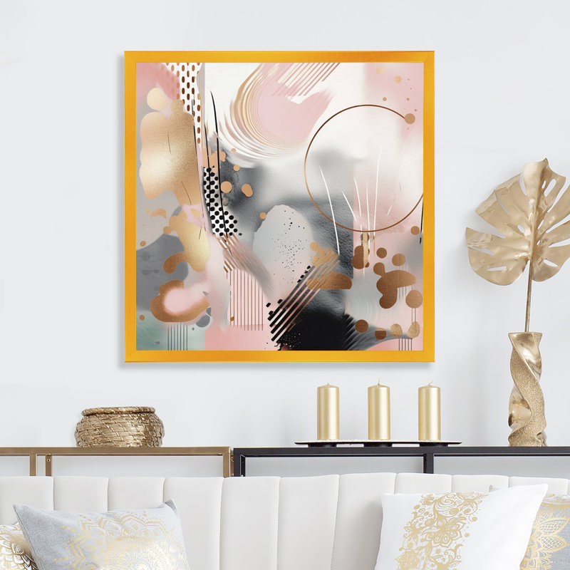 «Pink Rosegold Stripes Complexity IV - Modern Shapes», reproduction d'art sur toile transitionnelle, Encadrement doré