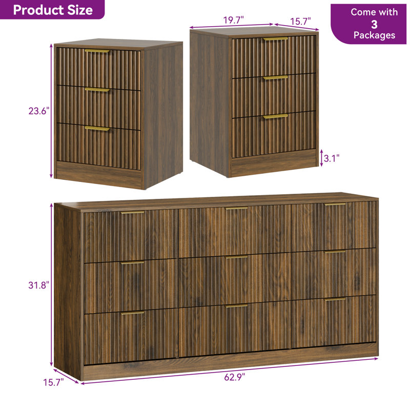 3-Piece 9-Drawer Dresser & 3-Drawer Nightstand Set, Walnut