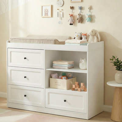 Changing Table Dresser, Baby Nursery Dresser With 4 Drawers And Adjustable Shelves, Wooden Baby Diaper Changing Station, White